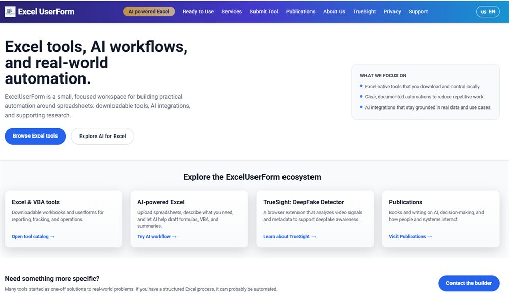 Screenshot of the ExcelUserForm website