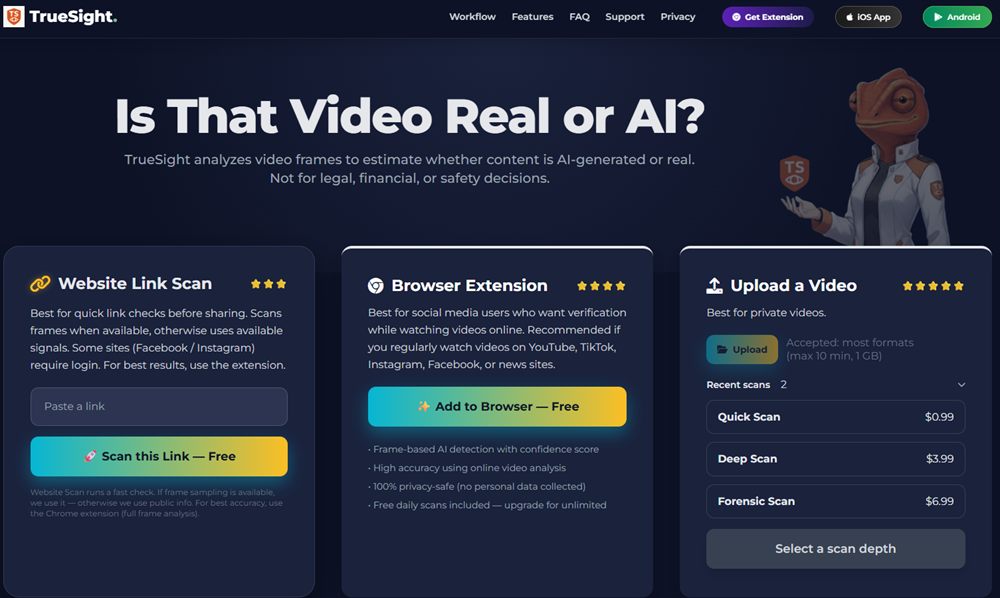 Screenshot of the TrueSight deepfake detector website