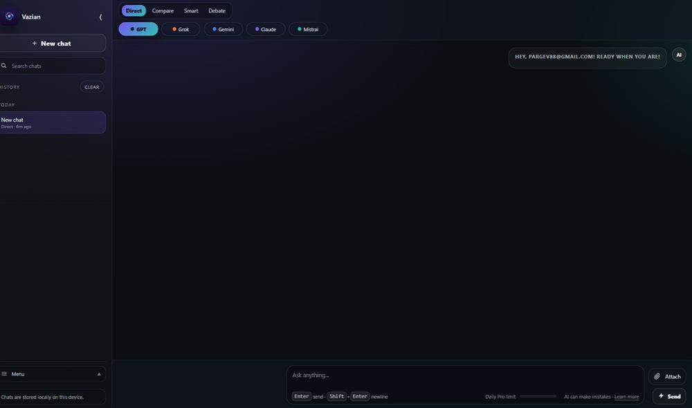 Screenshot of the Vazian AI chat website