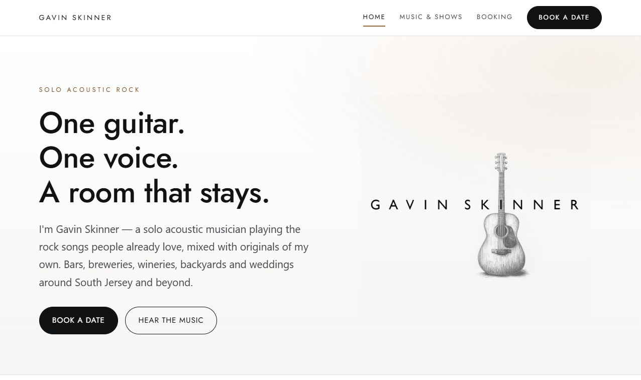 Screenshot of the Gavin Skinner solo acoustic musician website